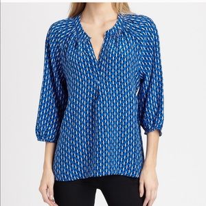 Joie Blue Addie B Print 100% Silk Large Blouse